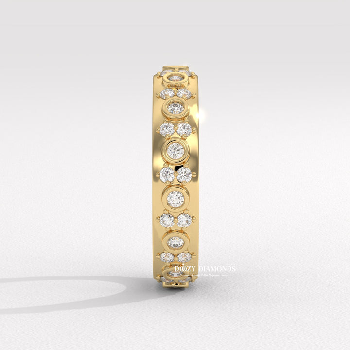 Bezel Set Round Diamond Band, Flush Set Wedding Band