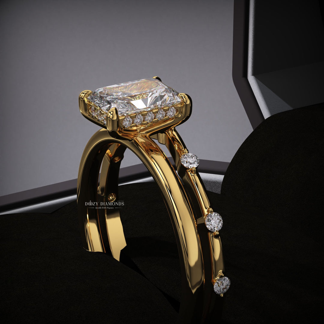 Radiant Lab Grown Diamond Hidden Halo Engagement Ring With Distance Pave Band