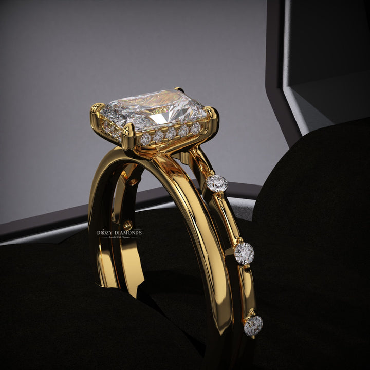 Radiant Lab Grown Diamond Hidden Halo Engagement Ring With Distance Pave Band