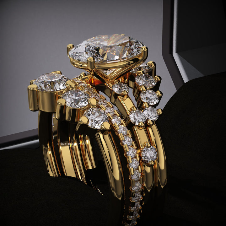 Oval Lab Grown Pave Engagement Ring & Three Curved Wedding Band