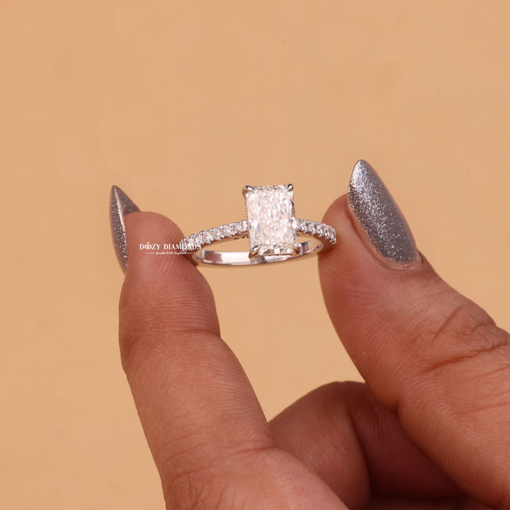 Radiant split shank engagement ring, Radiant channel set engagement ring, Radiant swirl engagement ring, Radiant unique engagement ring, Radiant traditional