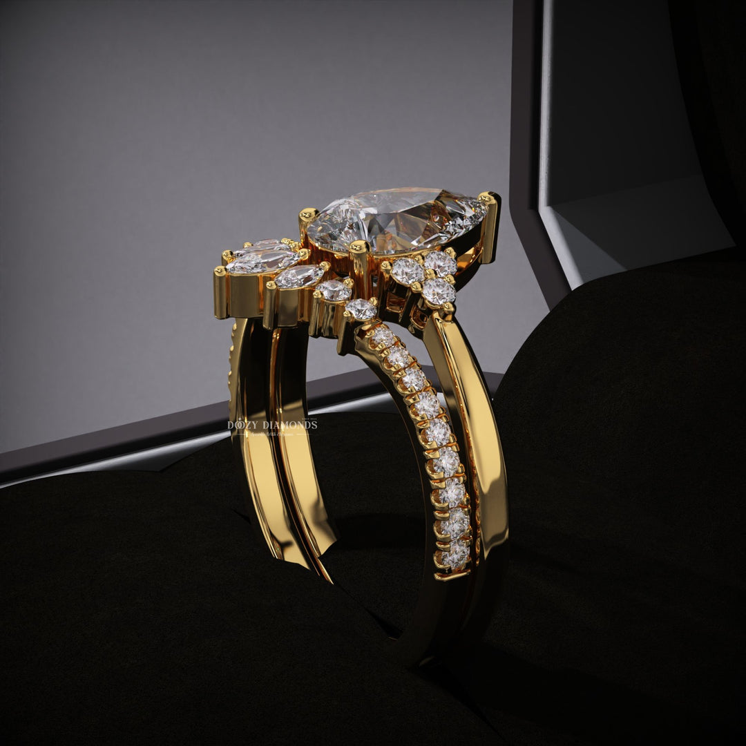 Pear Cluster Lab Grown Engagement Ring With Curved Diamond Stacking Band