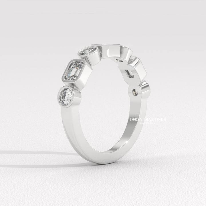 Round & Emerald Lab Created Diamond Bezel Set Wedding Band