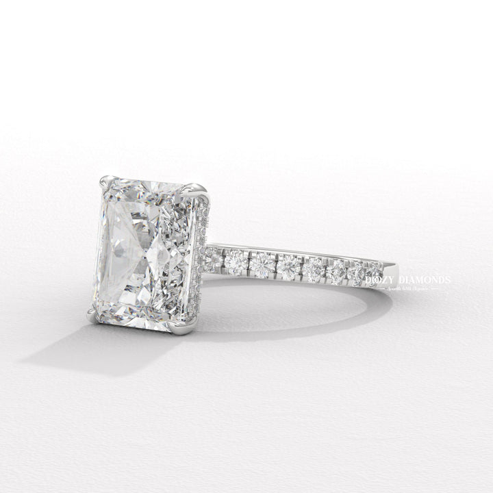 Hidden Halo Engagement Ring, Radiant Cut Lab Grown Diamond Ring