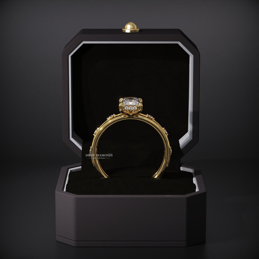 Radiant Lab Grown Diamond Hidden Halo Engagement Ring With Distance Pave Band