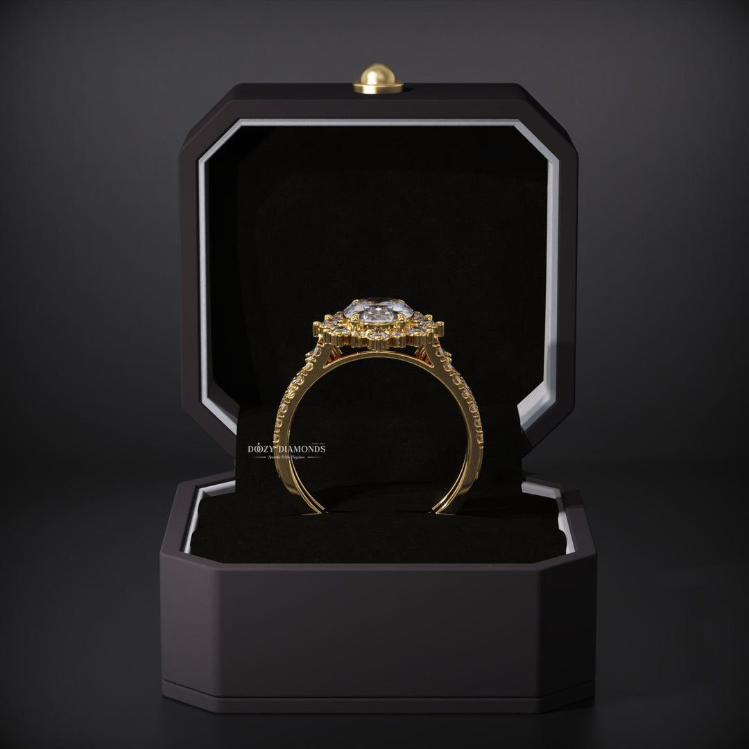 Oval Lab Grown Diamond Halo Engagement Ring With Open Band