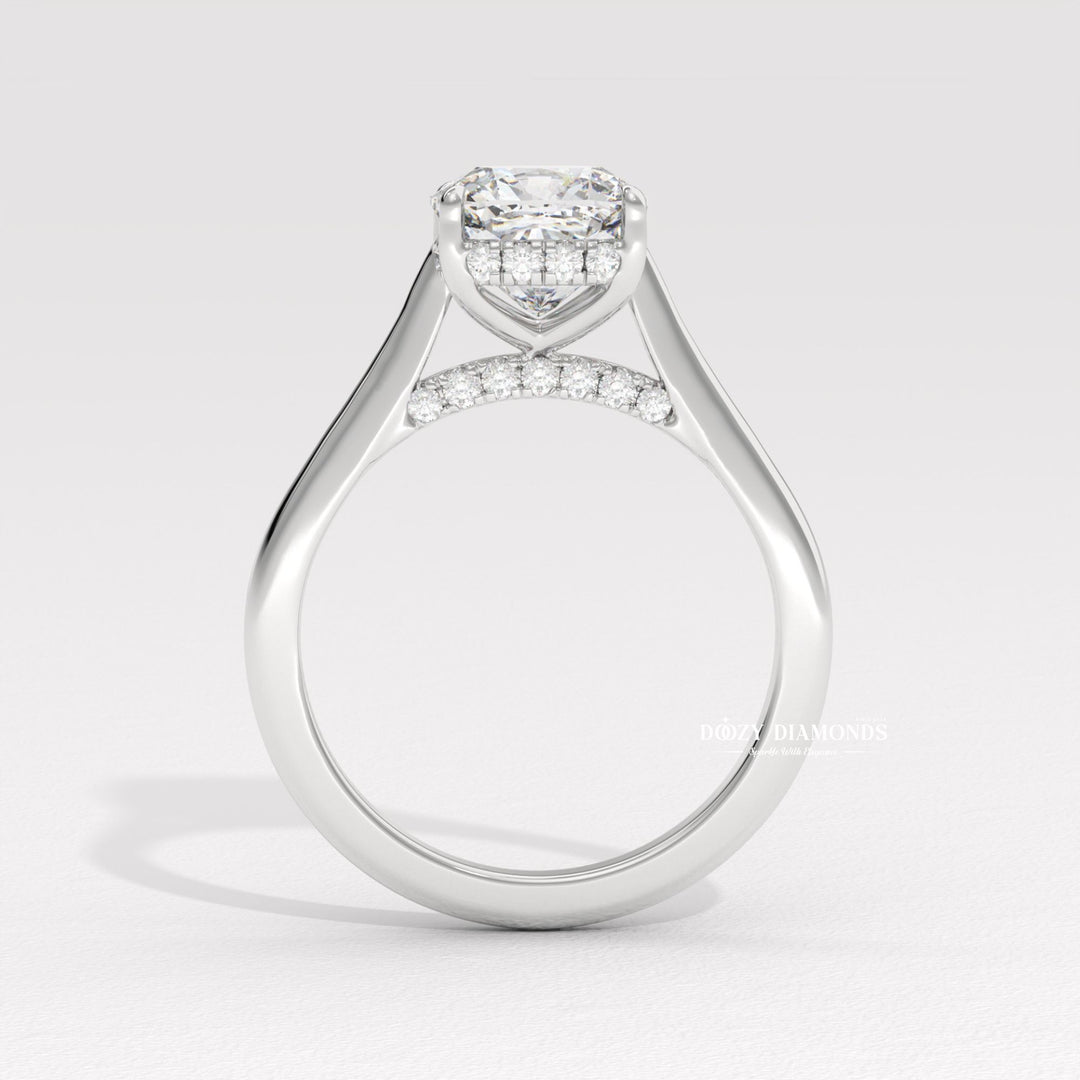 aised setting engagement ring, high profile engagement ring, luxury cushion ring, vintage engagement ring, vintage style ring, modern solitaire ring, classic solitaire ring, solitaire bridal ring, micro pave diamond ring, french pave ring, shared prong pave ring, split shank engagement ring, t