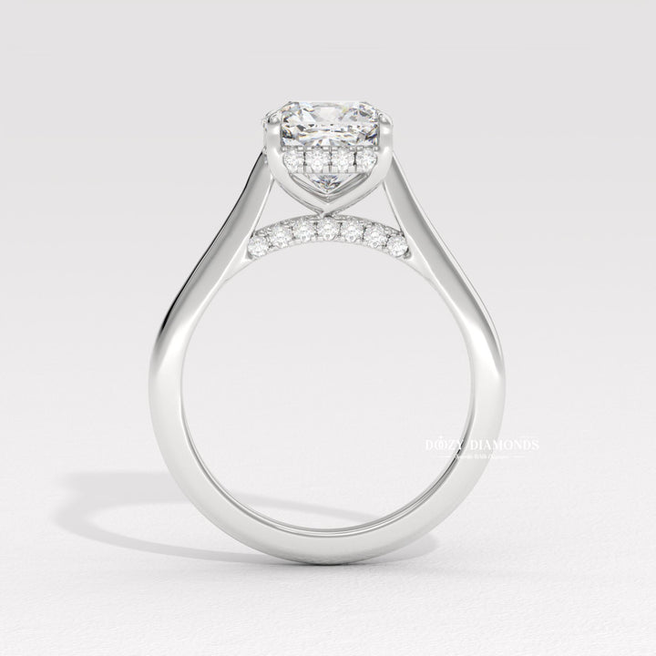 aised setting engagement ring, high profile engagement ring, luxury cushion ring, vintage engagement ring, vintage style ring, modern solitaire ring, classic solitaire ring, solitaire bridal ring, micro pave diamond ring, french pave ring, shared prong pave ring, split shank engagement ring, t