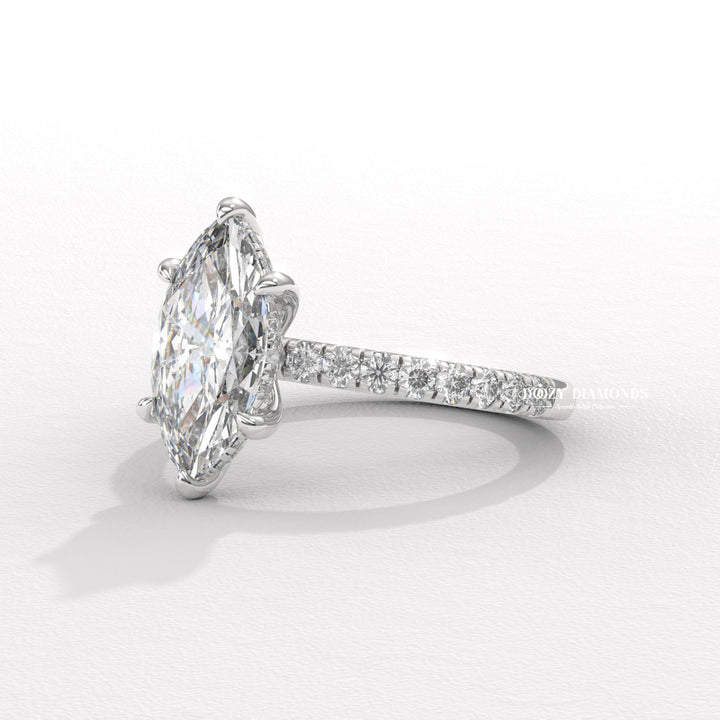 elegant bridal jewelry, marquise halo ring, marquise hidden halo ring, marquise cathedral ring, marquise solitaire engagement ring, marquise bezel ring, marquise prong set ring,