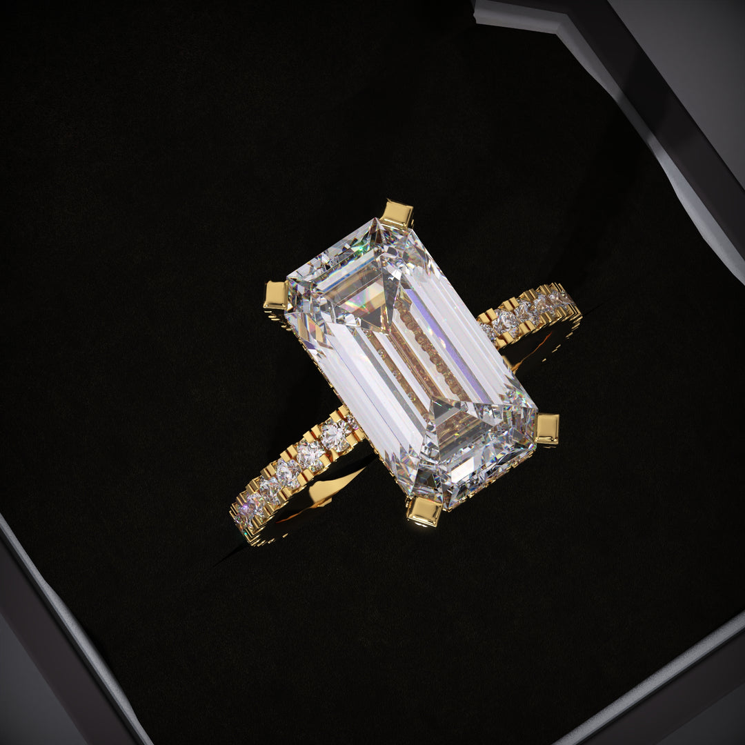 elongated emerald diamond ring
hidden halo engagement ring
lab grown diamond engagement ring
emerald cut engagement ring
