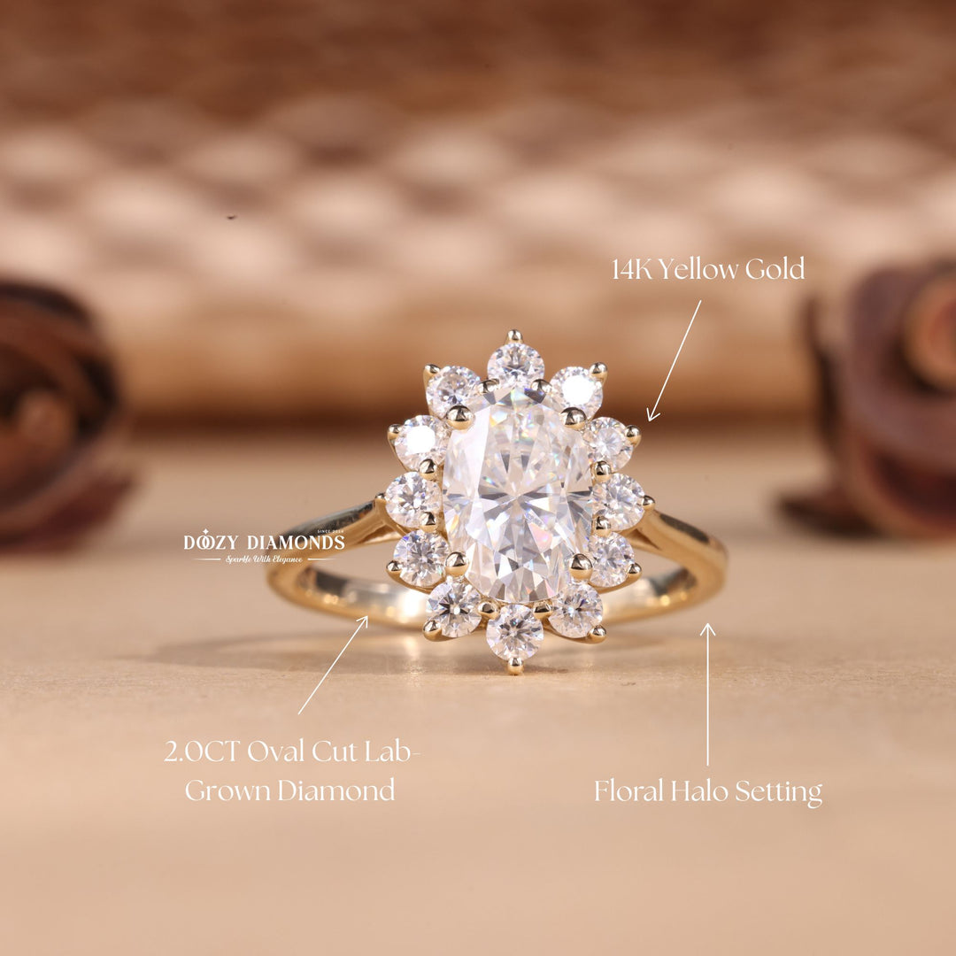 2.0CT - 3.0CT Oval Cut E/VS2 Lab Grown Diamond Floral Halo Engagement Ring - Doozy Diamonds