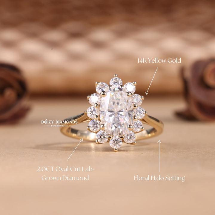 2.0CT - 3.0CT Oval Cut E/VS2 Lab Grown Diamond Floral Halo Engagement Ring - Doozy Diamonds