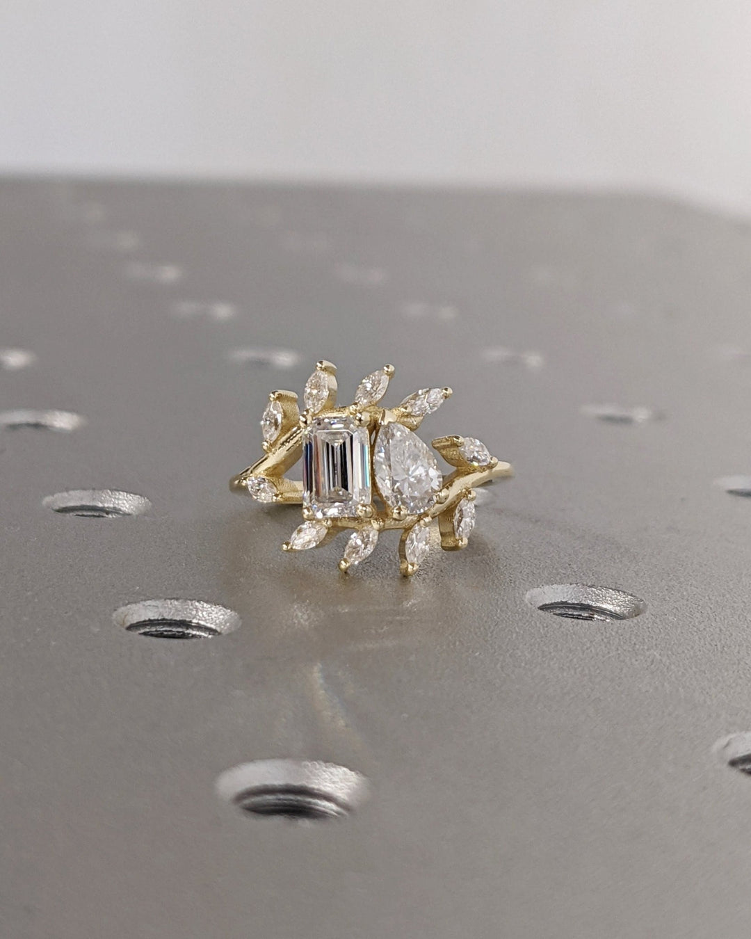 0.50ct emerald and pear cut toi et moi lab grown diamond cluster engagement ring