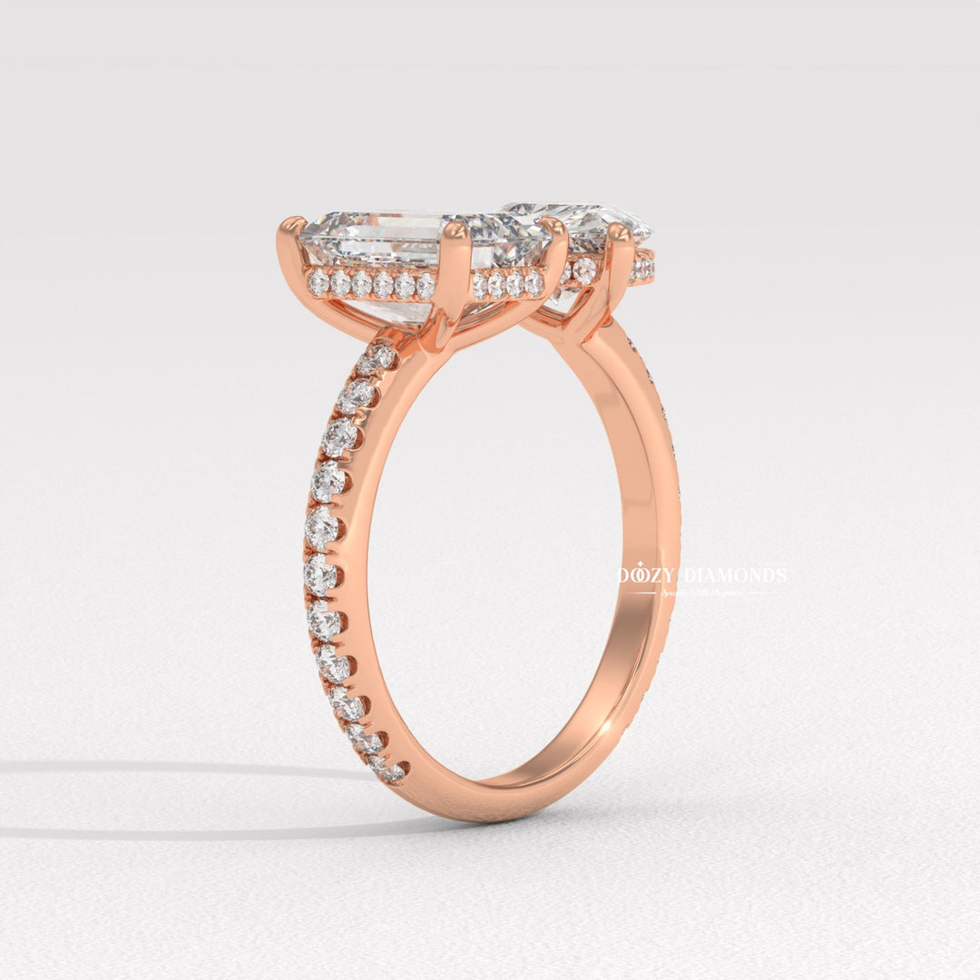 pear prong set ring, emerald prong set ring, basket setting ring, tulip setting ring, gallery rail ring, modern two stone ring, asymmetrical diamond ring, celebrity style engagement ring, l