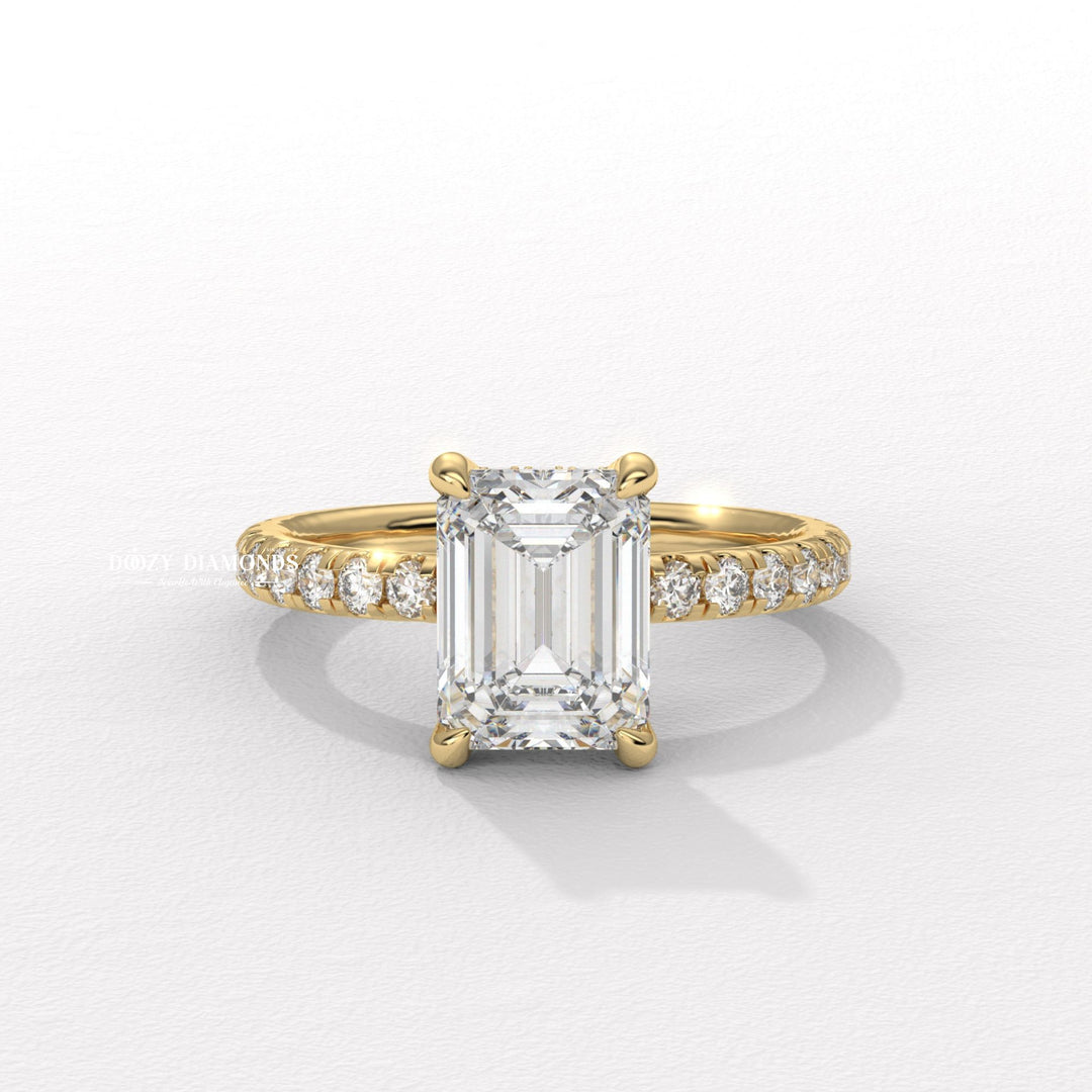 hidden halo engagement ring, emerald diamond ring, emerald cut diamond ring, emerald shape diamond ring, yellow gold engagement ring, yellow gold diamond ring, emerald cut yellow gold ring,