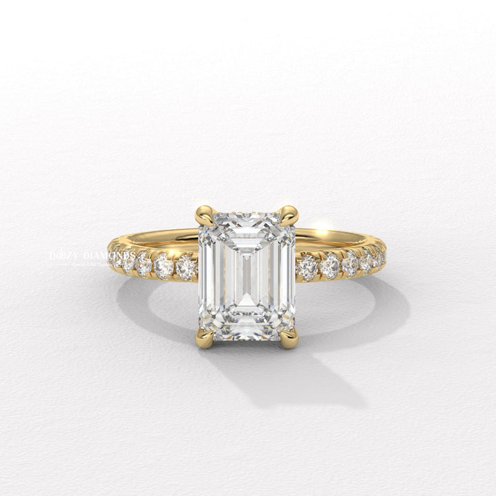 hidden halo engagement ring, emerald diamond ring, emerald cut diamond ring, emerald shape diamond ring, yellow gold engagement ring, yellow gold diamond ring, emerald cut yellow gold ring,