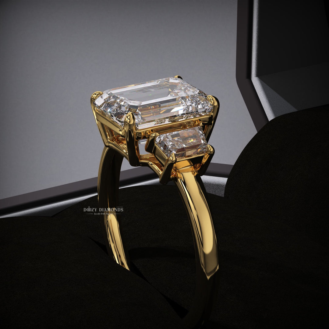 emerald cut lab diamond
lab created diamond ring
trilogy engagement ring
modern bridal ring