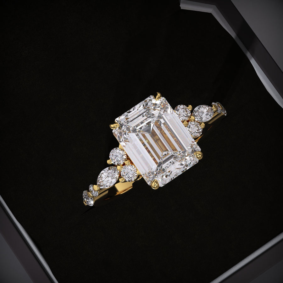 emerald lab grown diamond ring
EVVS diamond engagement ring
cluster pave engagement ring
emerald cut engagement ring