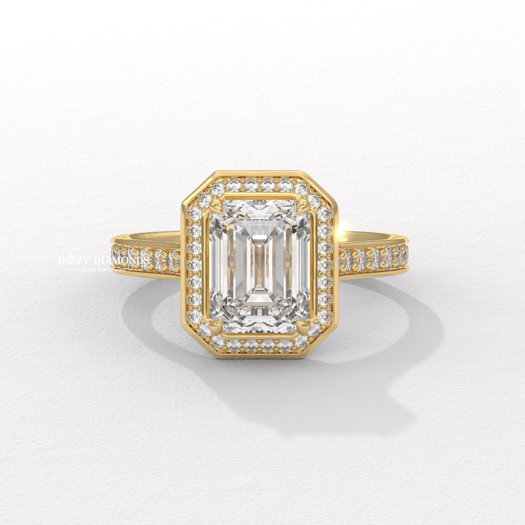 emerald shape diamond engagement ring, emerald halo engagement ring, channel halo diamond ring, lab grown diamond engagement ring, emerald cut lab grown diamond ring,