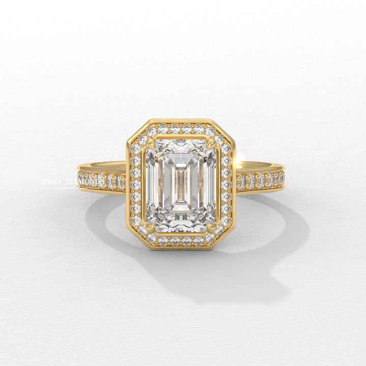 emerald shape diamond engagement ring, emerald halo engagement ring, channel halo diamond ring, lab grown diamond engagement ring, emerald cut lab grown diamond ring,