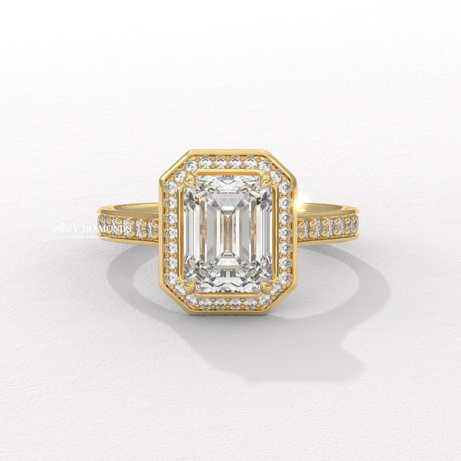 emerald shape diamond engagement ring, emerald halo engagement ring, channel halo diamond ring, lab grown diamond engagement ring, emerald cut lab grown diamond ring,