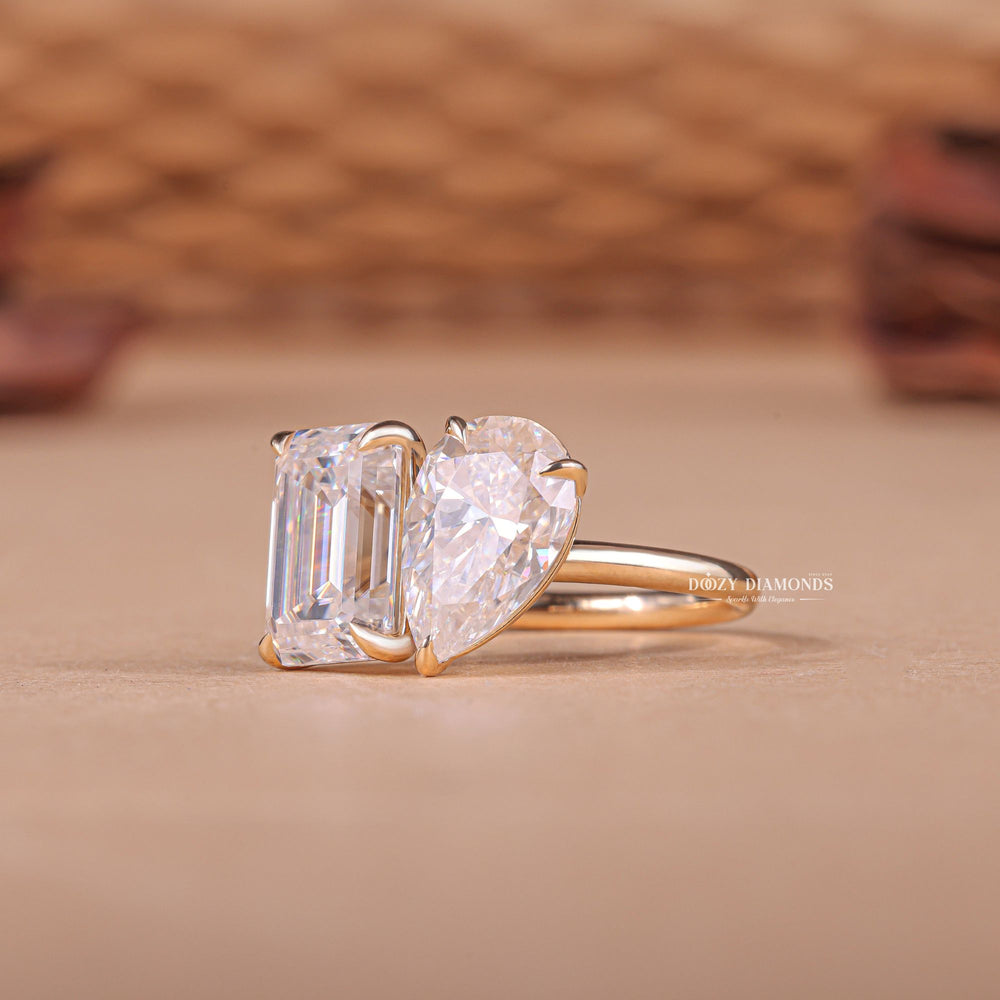 Pear & Emerald Cut Lab Grown Toi et Moi Diamond E/VS2 Engagement Ring - Doozy Diamonds