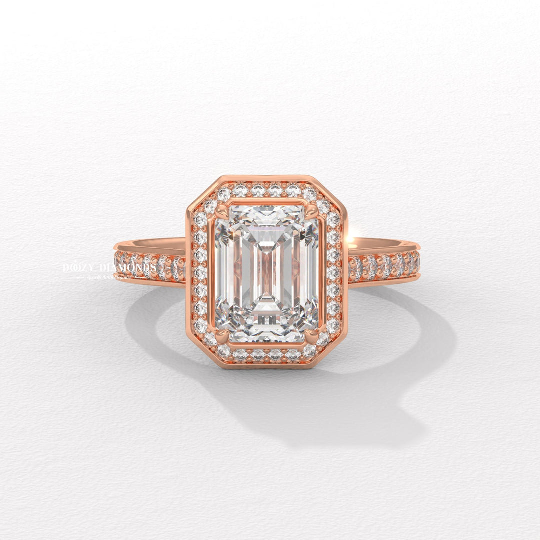 statement bridal ring, glamorous halo ring, emerald halo engagement ring for women, lab grown diamond halo ring, luxury proposal jewelry, wedding jewelry for women, ethical bridal jewelry,