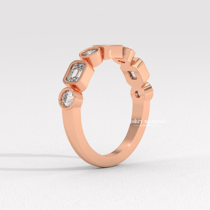 Round & Emerald Lab Created Diamond Bezel Set Wedding Band