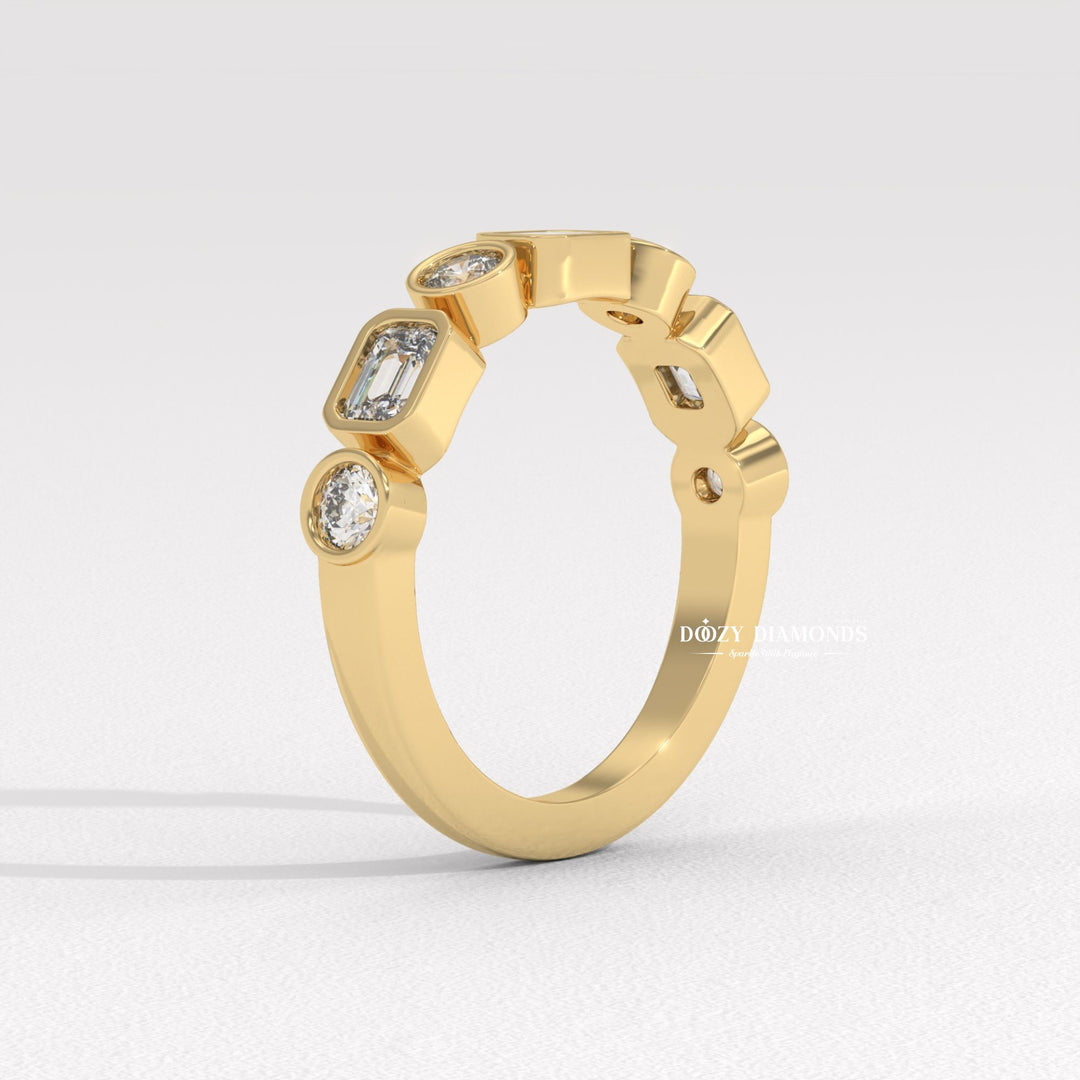 Round & Emerald Lab Created Diamond Bezel Set Wedding Band