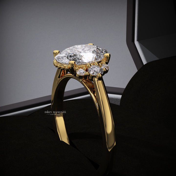 cluster diamond engagement ring
yellow gold diamond ring
sustainable engagement ring
eco friendly diamond ring
ethical engagement ring
oval cut engagement ring
lab created diamond ring
vintage bridal ring
unique engagement ring