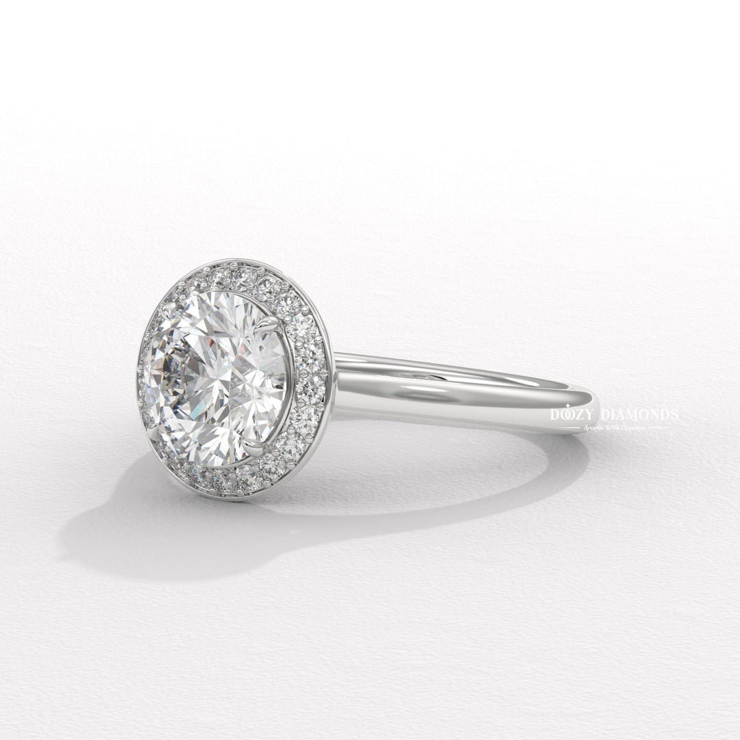 elegant diamond ring, bridal diamond ring, round center diamond ring, engagement ring with halo, round solitaire engagement ring, luxury diamond jewelry, eco friendly engagement ring,