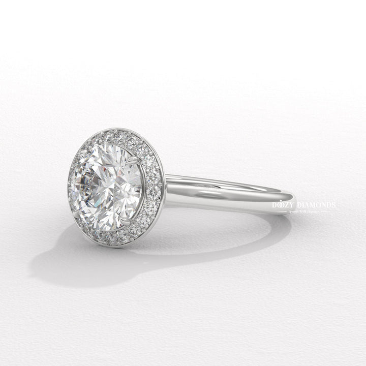 elegant diamond ring, bridal diamond ring, round center diamond ring, engagement ring with halo, round solitaire engagement ring, luxury diamond jewelry, eco friendly engagement ring,