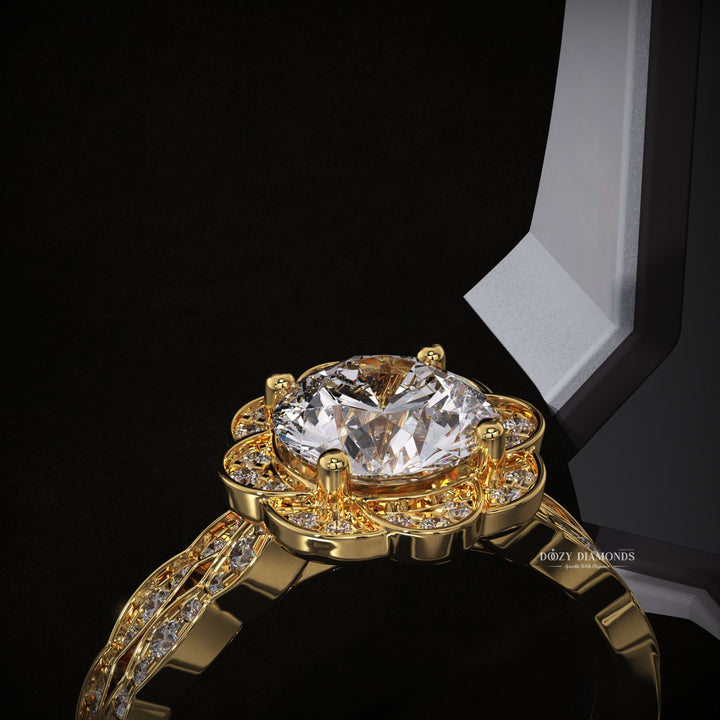 Round Lab Grown Flower Engagement Ring - Vintage Wedding Band Set