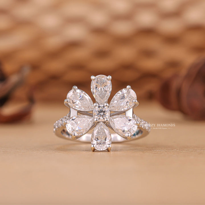 E color diamond ring, VS1 clarity diamond ring, round cut diamond ring, pear cut diamond ring, nature inspired engagement ring, floral cluster diamond ring, lab grown engagement ring