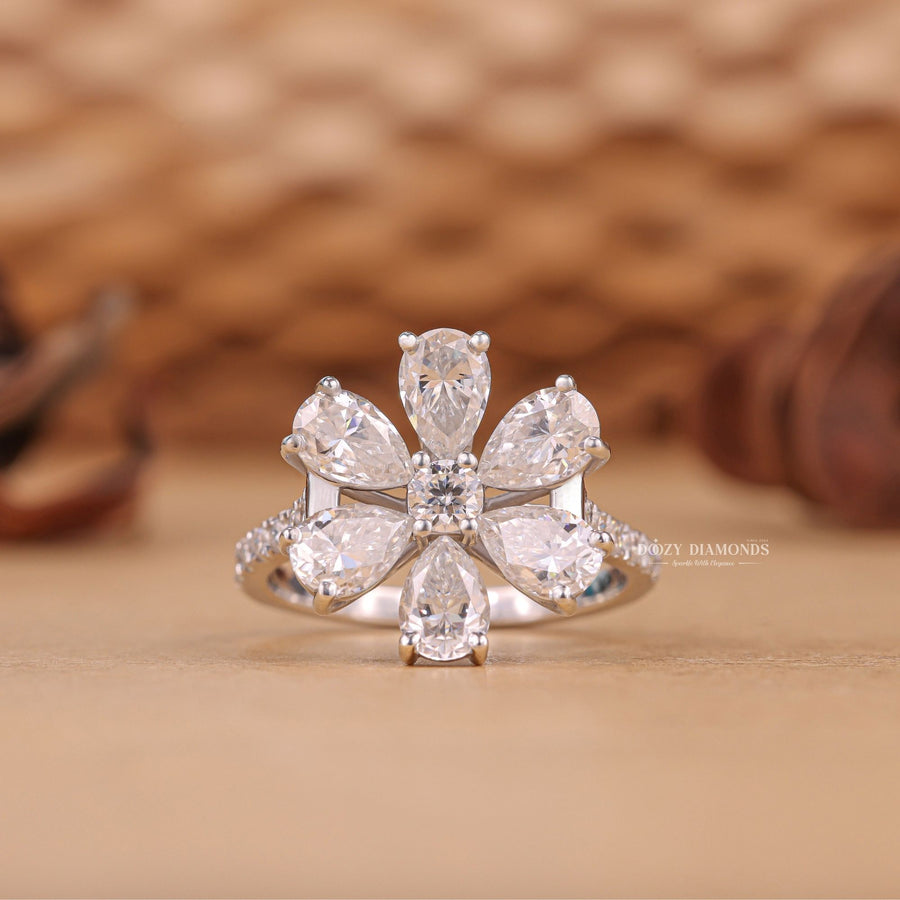 E color diamond ring, VS1 clarity diamond ring, round cut diamond ring, pear cut diamond ring, nature inspired engagement ring, floral cluster diamond ring, lab grown engagement ring