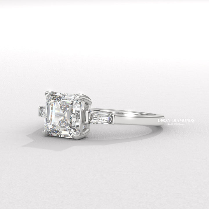 four prong engagement ring, double claw prong ring, basket setting ring, tulip setting ring, gallery rail ring, side stone engagement ring, trilogy diamond ring, luxury asscher ring, vintage