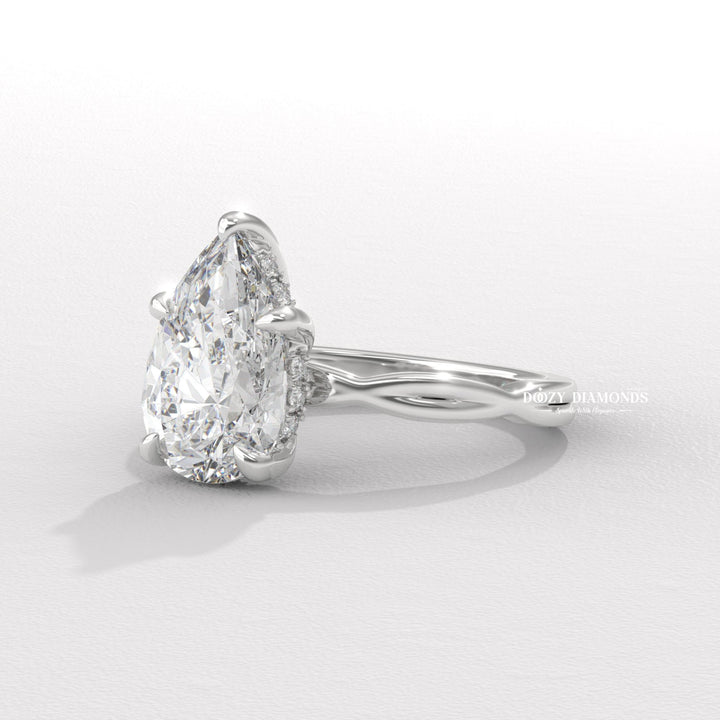 tulip setting ring, gallery rail ring, yellow gold bridal ring, raised setting engagement ring, high profile engagement ring, luxury pear ring, vintage engagement ring, vintage style ring, modern solitaire ring, classic solitaire ring, pear diamond solitaire, solitaire engagement ring, micro pave diamond ring, french pave diamond ring, shared prong pave ring, split shank engagement ring