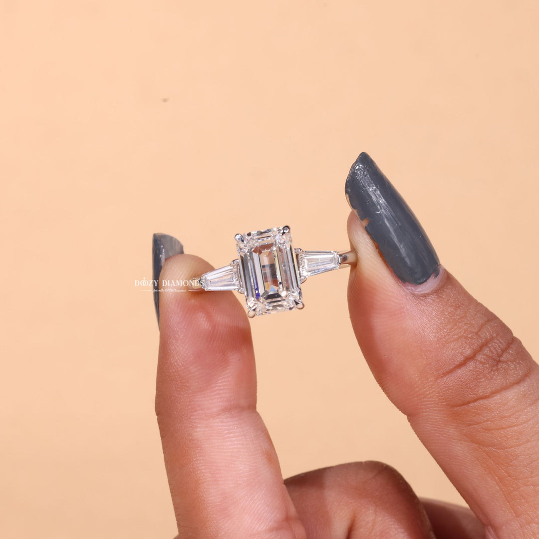 3.0CT - 4.0CT Emerald Cut F/VS1 Lab Grown Three Stone Diamond Engagement Ring - Doozy Diamonds