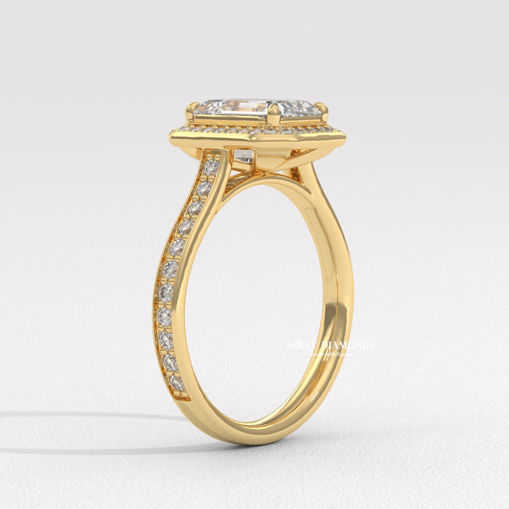 emerald solitaire halo ring, sustainable diamond ring, ethical engagement ring, luxury engagement ring, diamond halo ring, bridal engagement ring, women's diamond ring, emerald cut diamond ring, fine jewelry ring,