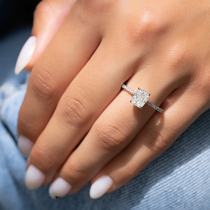 1.50 - 3.50 CT Elongated Cushion Lab Grown Diamond Hidden Halo & Pave Engagement Ring - Doozy Diamonds