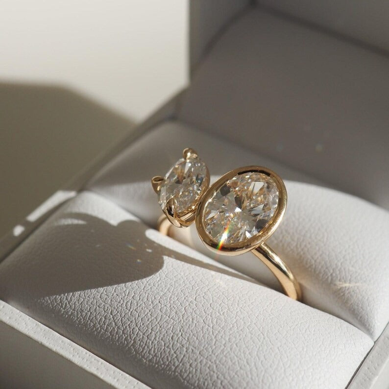 2.0CT-4.0CT Bezel Set Two Stone Oval Cut Lab Grown Engagement Ring