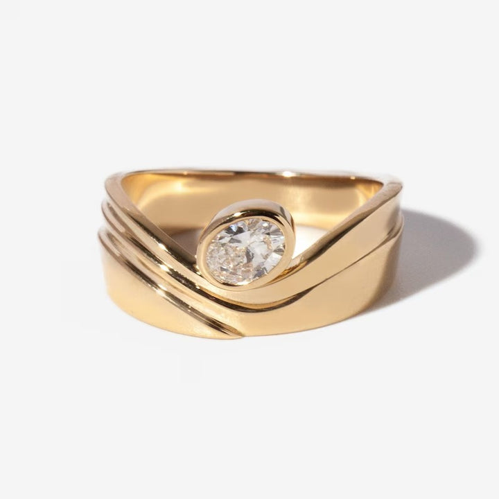 0.50CT-1.50CT Bezel Oval Cut Lab Grown Diamond Wave Design Engagement Ring