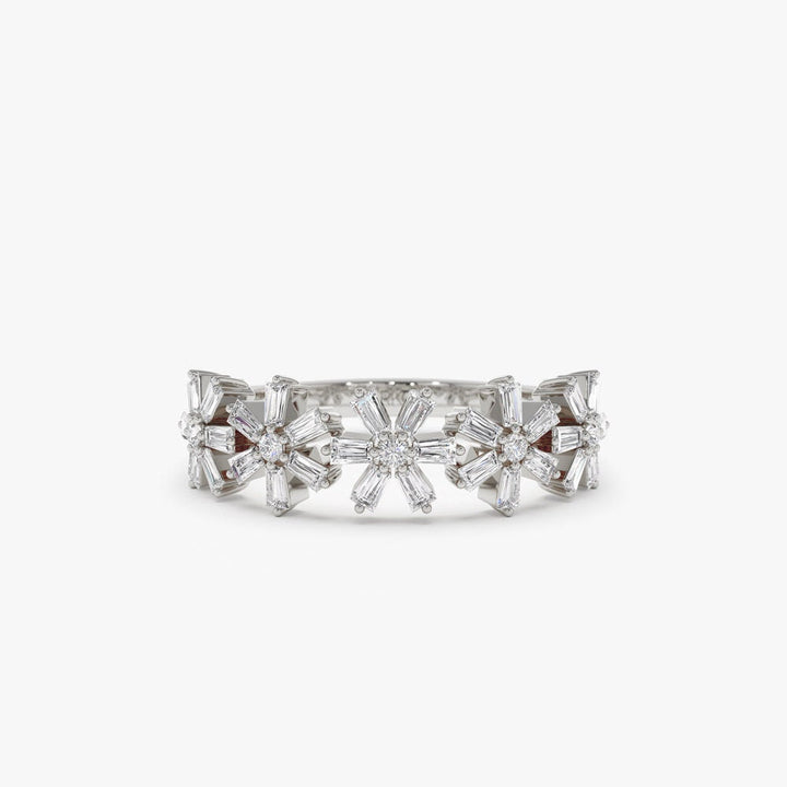 Round & Baguette Cut Diamond Multi Flower Design Ring for Women