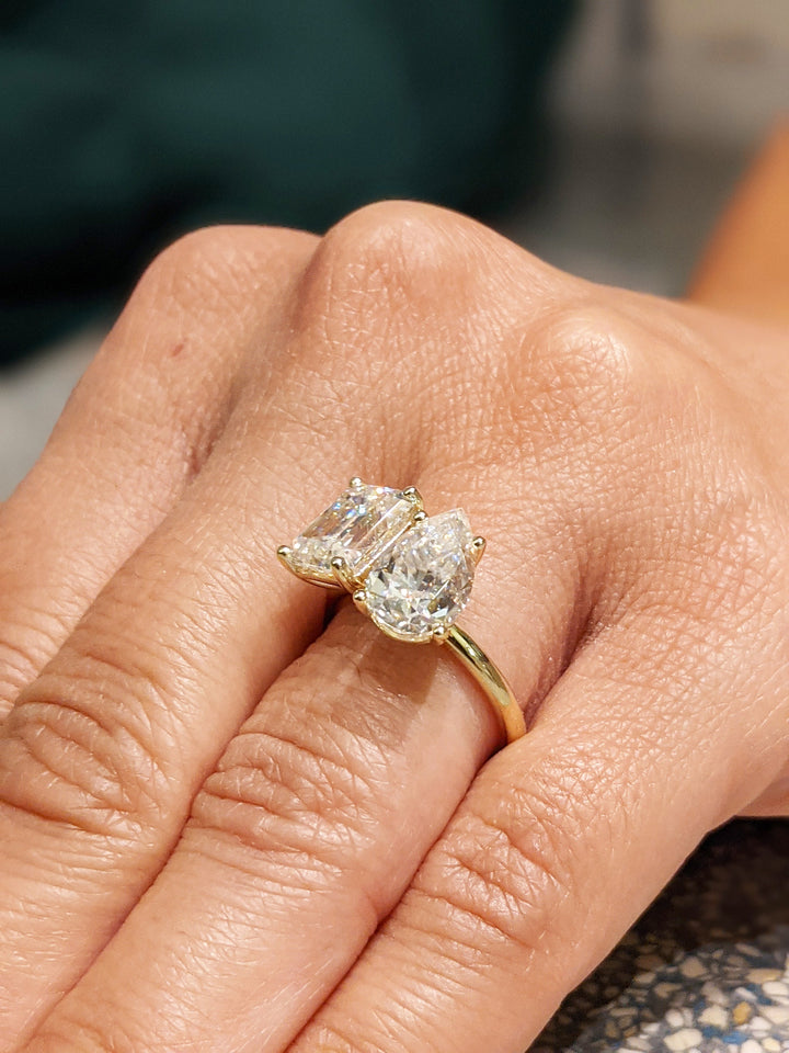 2.50CT Emerald & Pear Cut Two Stone Lab Grown Diamond Engagement Ring For Women