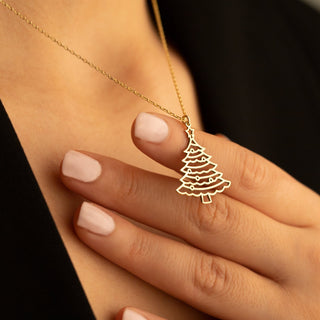 14K Solid Gold Christmas Pine Tree Plain Necklace for Gift