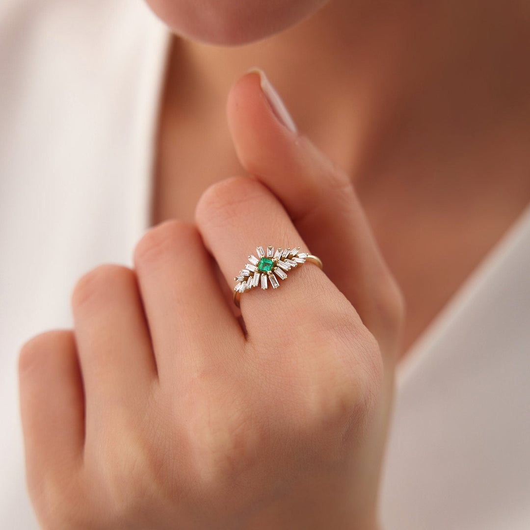 Green Princess & Baguette Cut Diamond Cluster Ring for Women