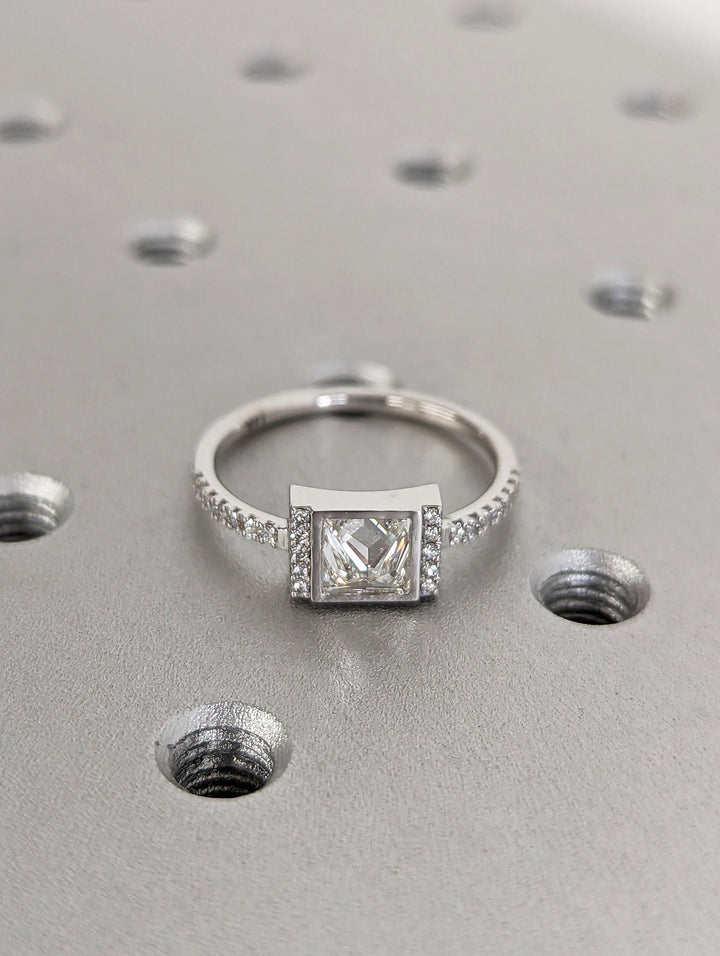 1.0CT Princess Cut Pave Lab Grown Diamond Unique Engagement Ring 14k White Gold