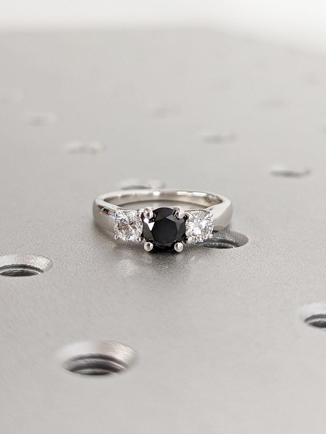 1.0CT Black Round Center Stone Lab Grown 3 Stone Diamond Engagement Ring For Her