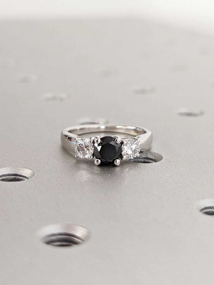 1.0CT Black Round Center Stone Lab Grown 3 Stone Diamond Engagement Ring For Her