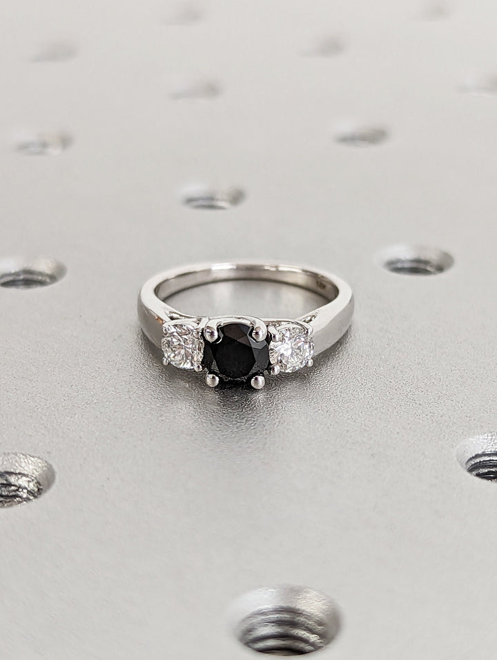 1.0CT Black Round Center Stone Lab Grown 3 Stone Diamond Engagement Ring For Her
